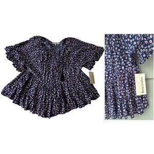 Rewind Tiered Ruffle Flutter Sleeve Cottage Boho Blouse Top Blue Floral M Rayon